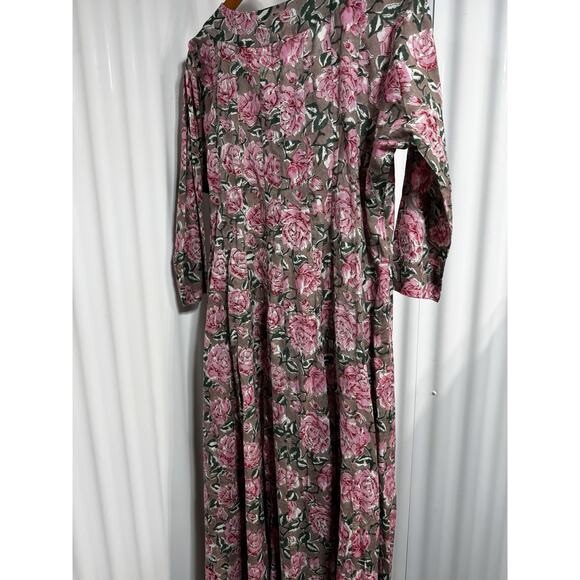 Paisley & Pomegranate Nila Rubia Hand-Block Floral Maxi Dress Taupe Pink LG - Picture 4 of 8